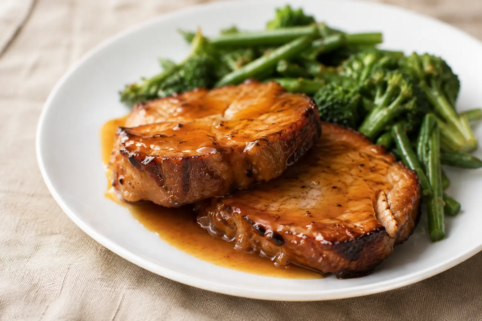 Tranche de rôti de porc au miel servie dans une assiette avec jus de cuisson