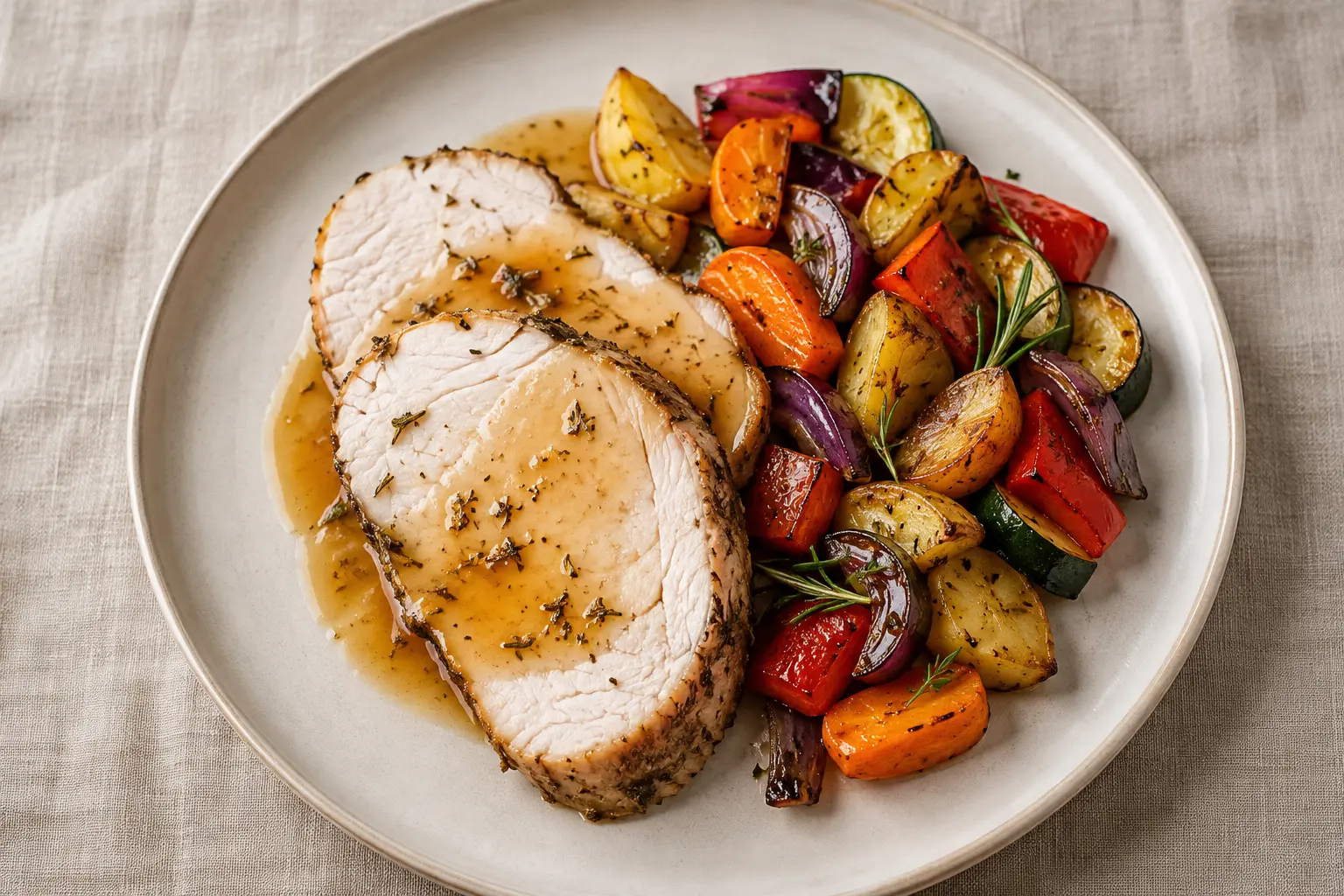 Tranche de rôti de dinde aux herbes de Provence servie avec des légumes