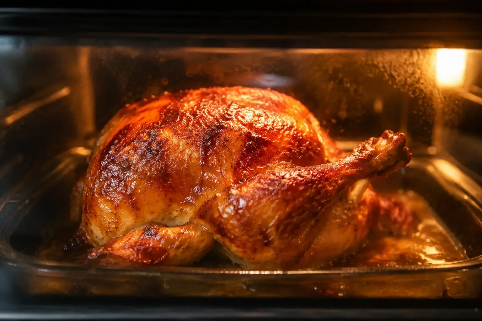 Poulet rôti en train de dorer dans un four chaud avec peau caramélisée rouge-brun et jus brillant qui s'écoule, vue à travers la vitre