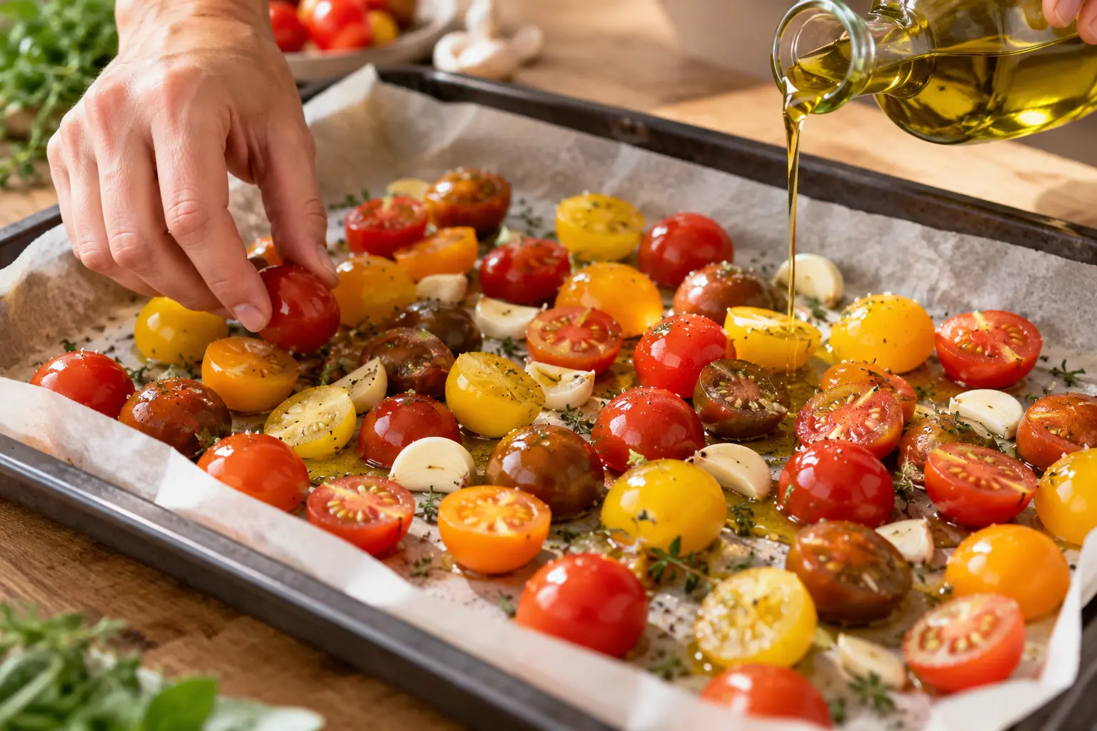 Tomates cerises disposées sur une plaque de cuisson avec ail et huile d'olive avant d'être enfournées