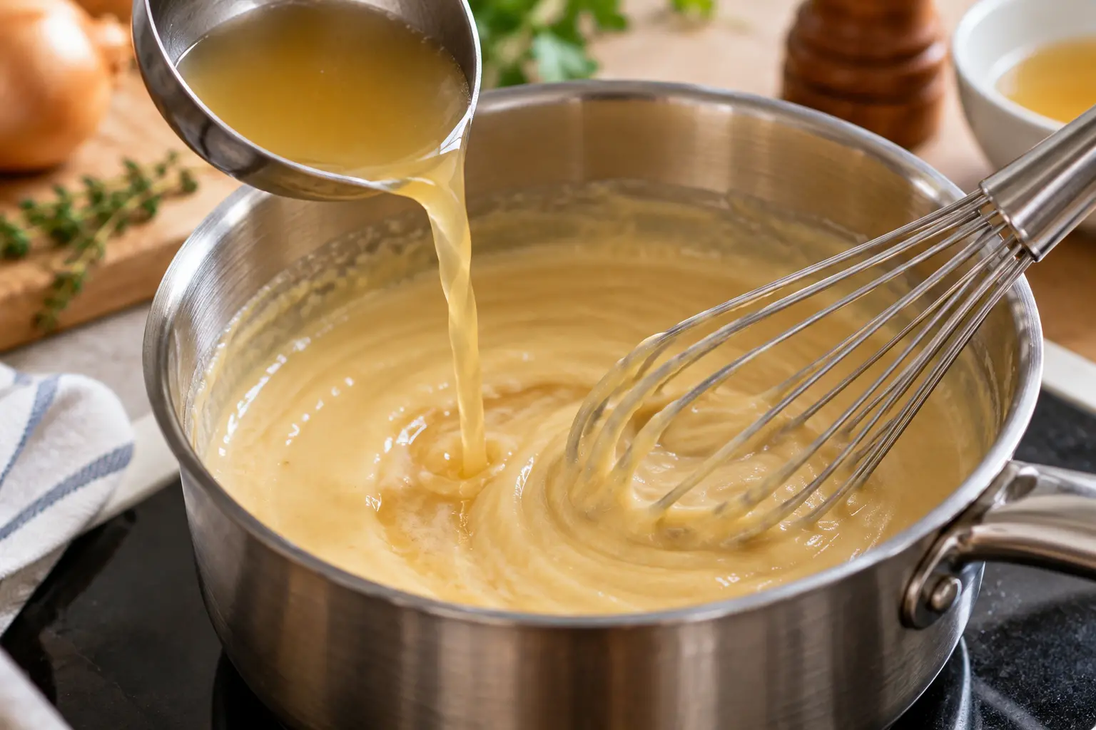 Fouet mélangeant le roux et le bouillon dans une petite casserole