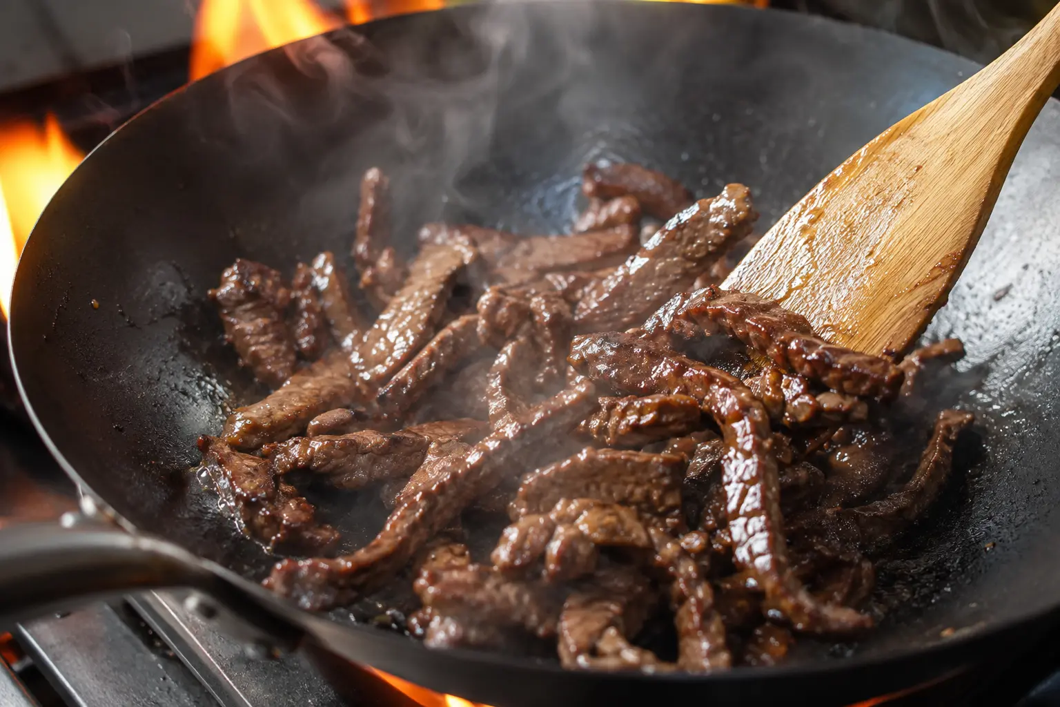 Lamelles de bœuf en train de saisir dans un wok fumant à feu vif
