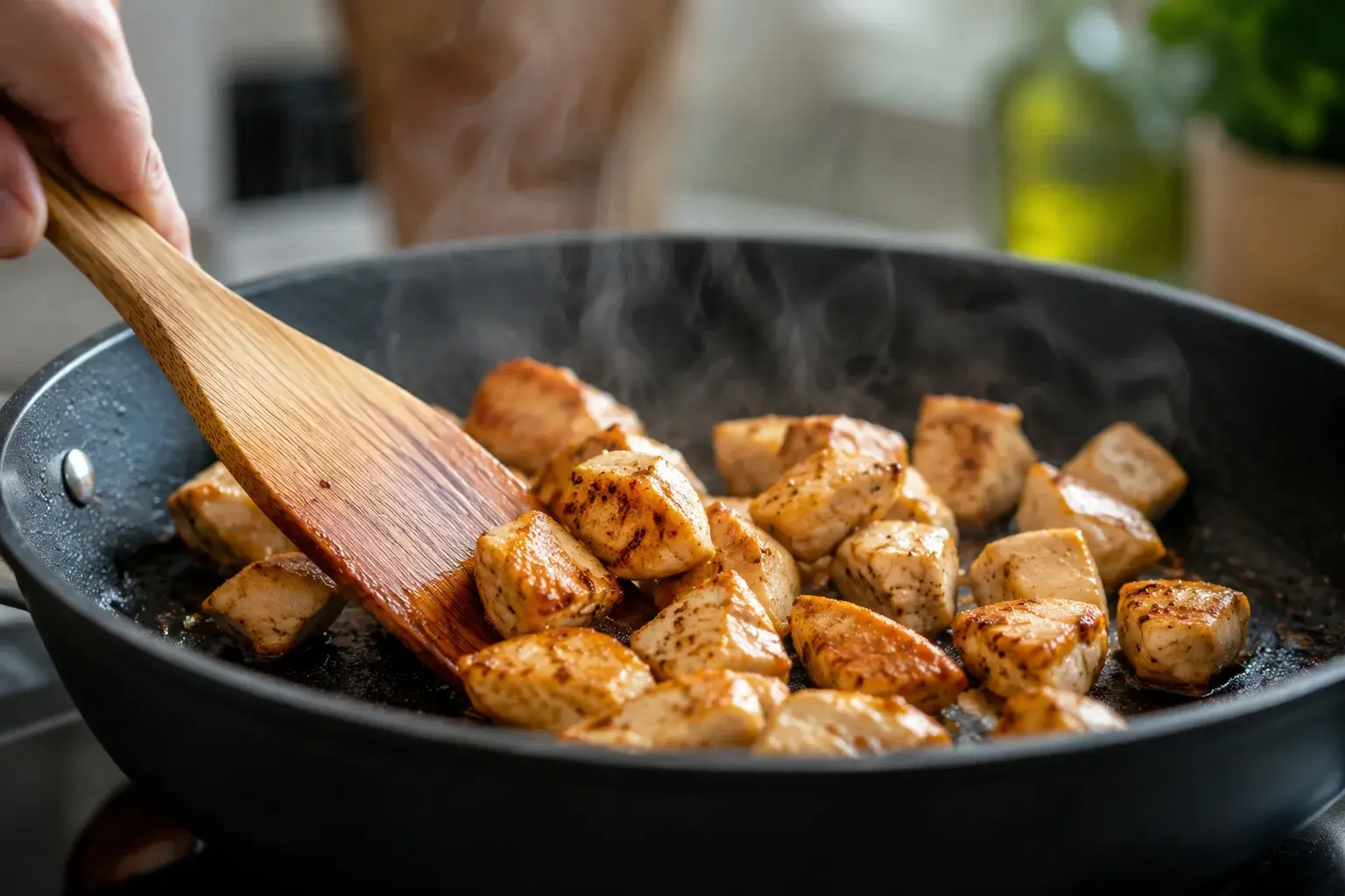 Cubes de poulet en train de dorer dans une poêle chaude