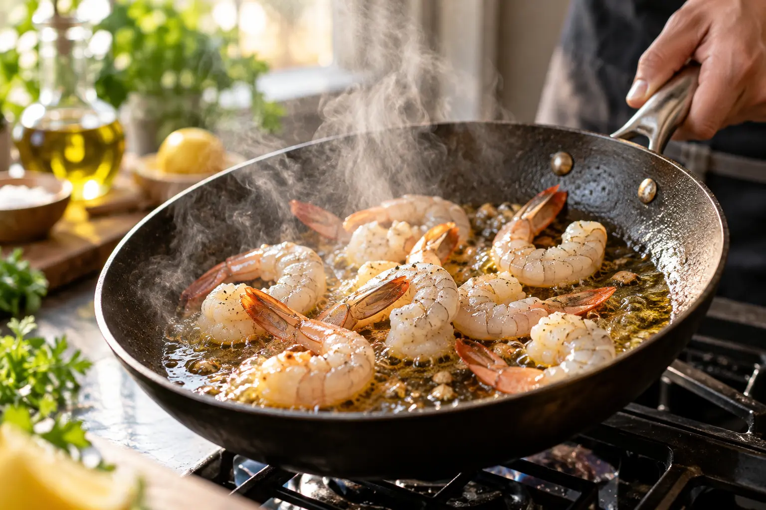 Crevettes en train de saisir dans une poêle chaude avec de l'huile d'olive