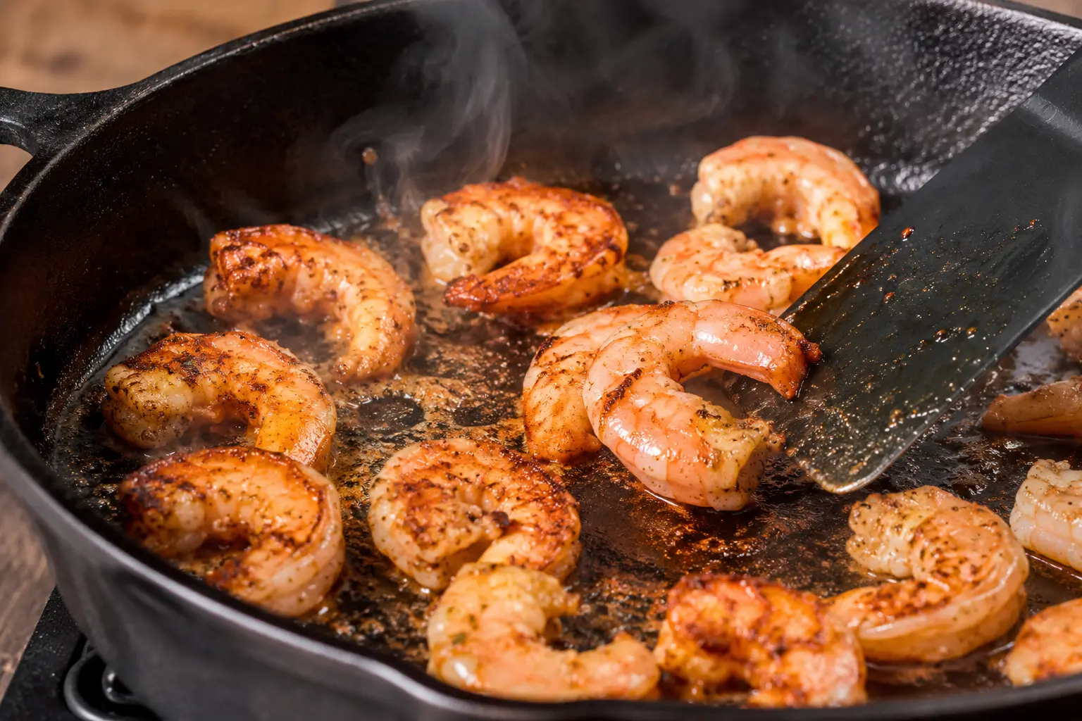 Crevettes épicées en train de saisir dans une poêle chaude avec de la fumée légère