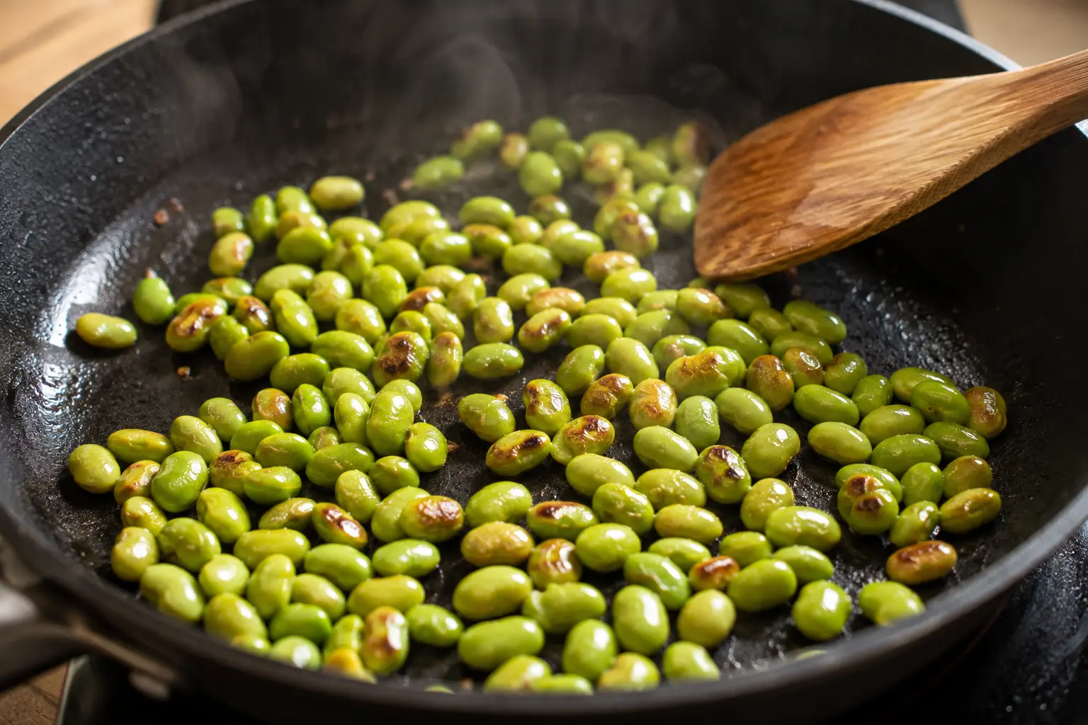 Edamame en train de dorer dans une poêle chaude à feu vif