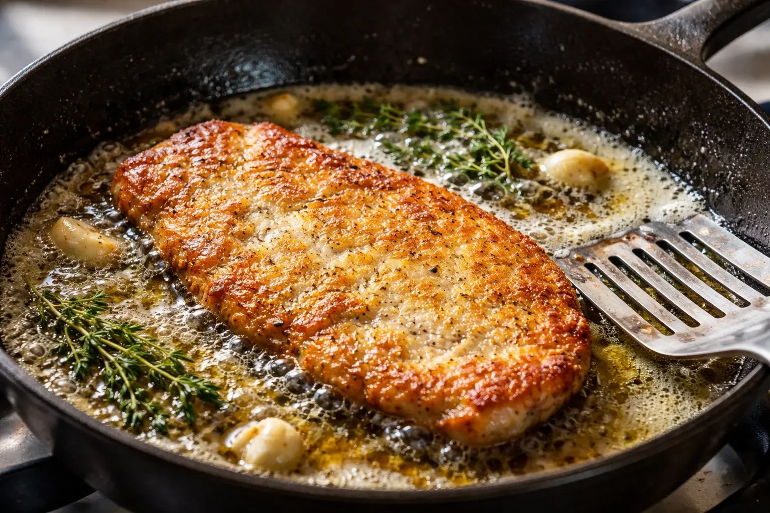 Escalope de veau farinée en train de dorer dans une poêle avec beurre et huile d'olive, spatule visible