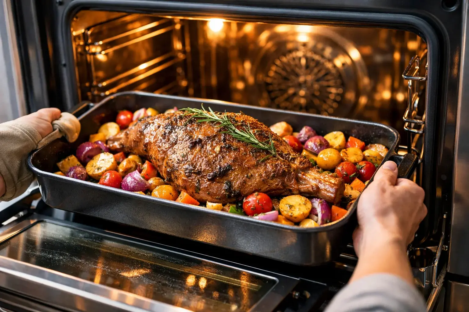 Gigot d'agneau posé sur les légumes méditerranéens dans un grand plat à rôtir au moment d'enfourner, four préchauffé visible