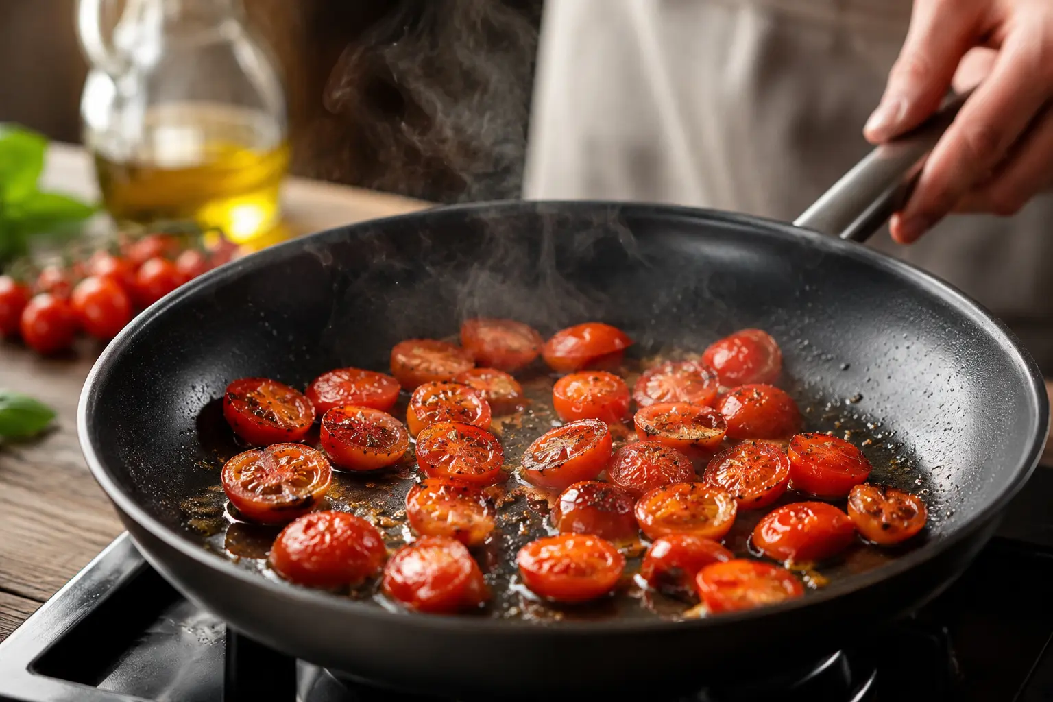 Tomates cerises en train de caraméliser côté coupé dans une poêle avec huile d'olive