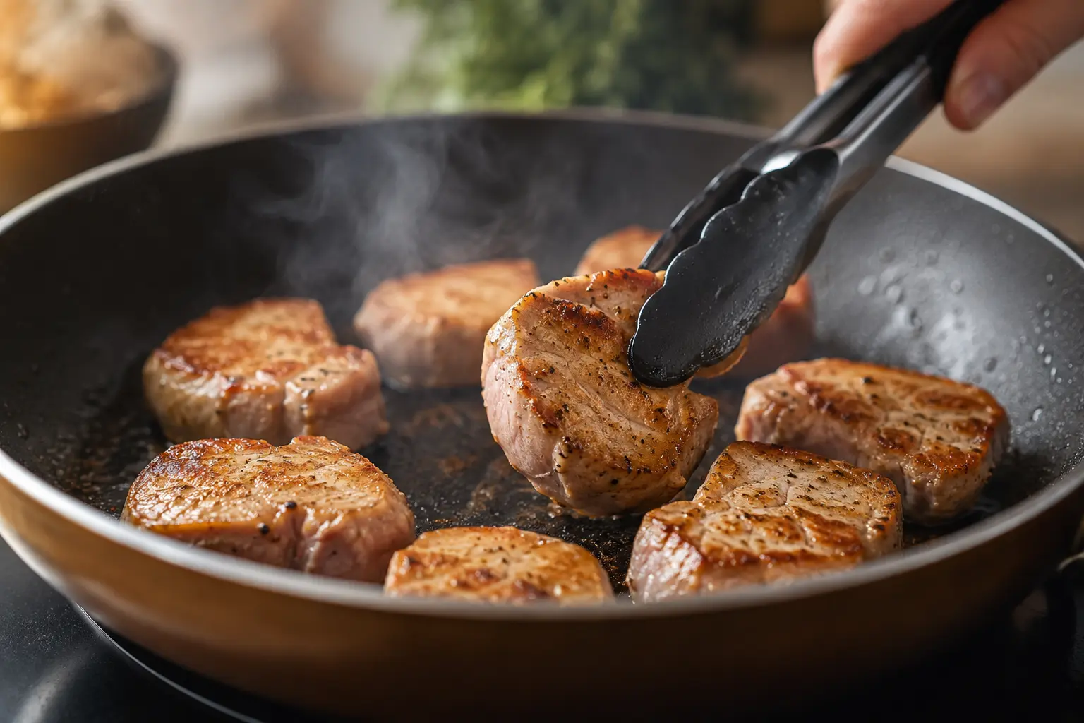 Tranches de filet mignon de porc en train de saisir dans une poêle chaude