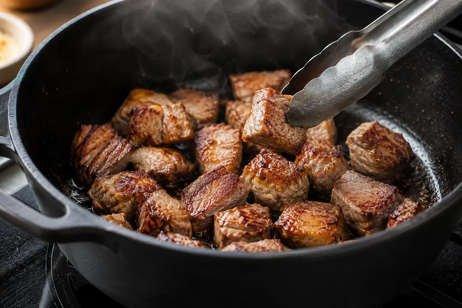 Cubes de porc en train de saisir dans une cocotte en fonte avec coloration brun-doré apparente et léger filet de vapeur