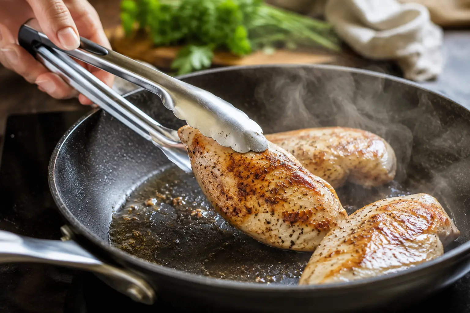 Blancs de poulet en train de dorer dans une poêle avec de l'huile d'olive