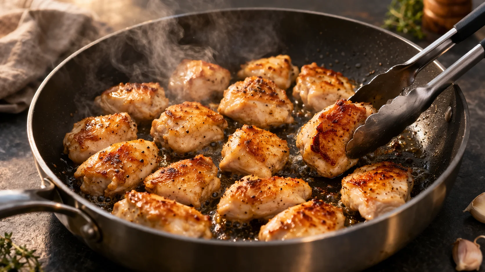 Morceaux de poulet dorés en train de saisir dans une grande sauteuse à feu vif, coloration dorée visible, pince de cuisine retournant un morceau