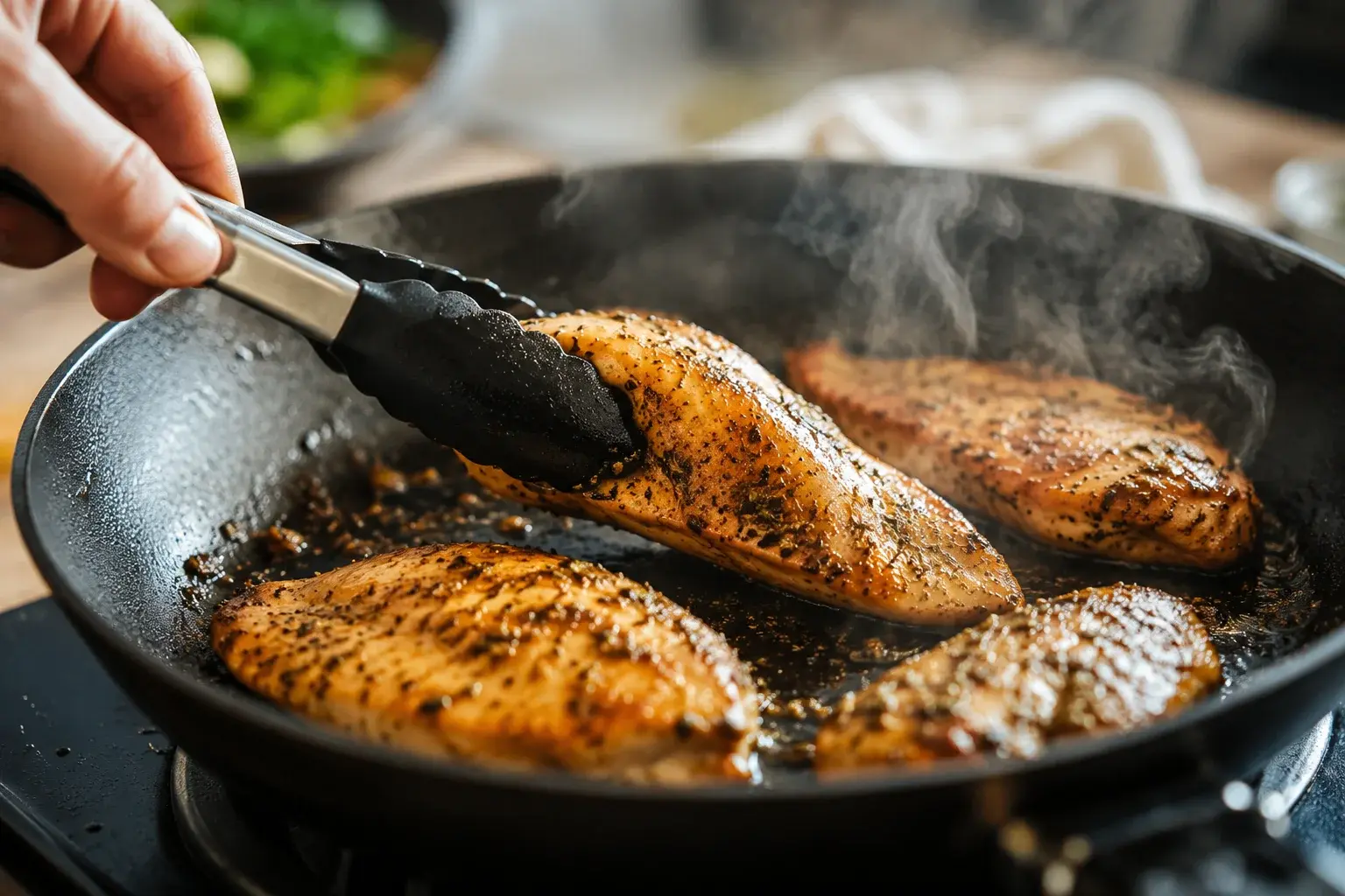 Filets de poulet en train de dorer dans une poêle chaude