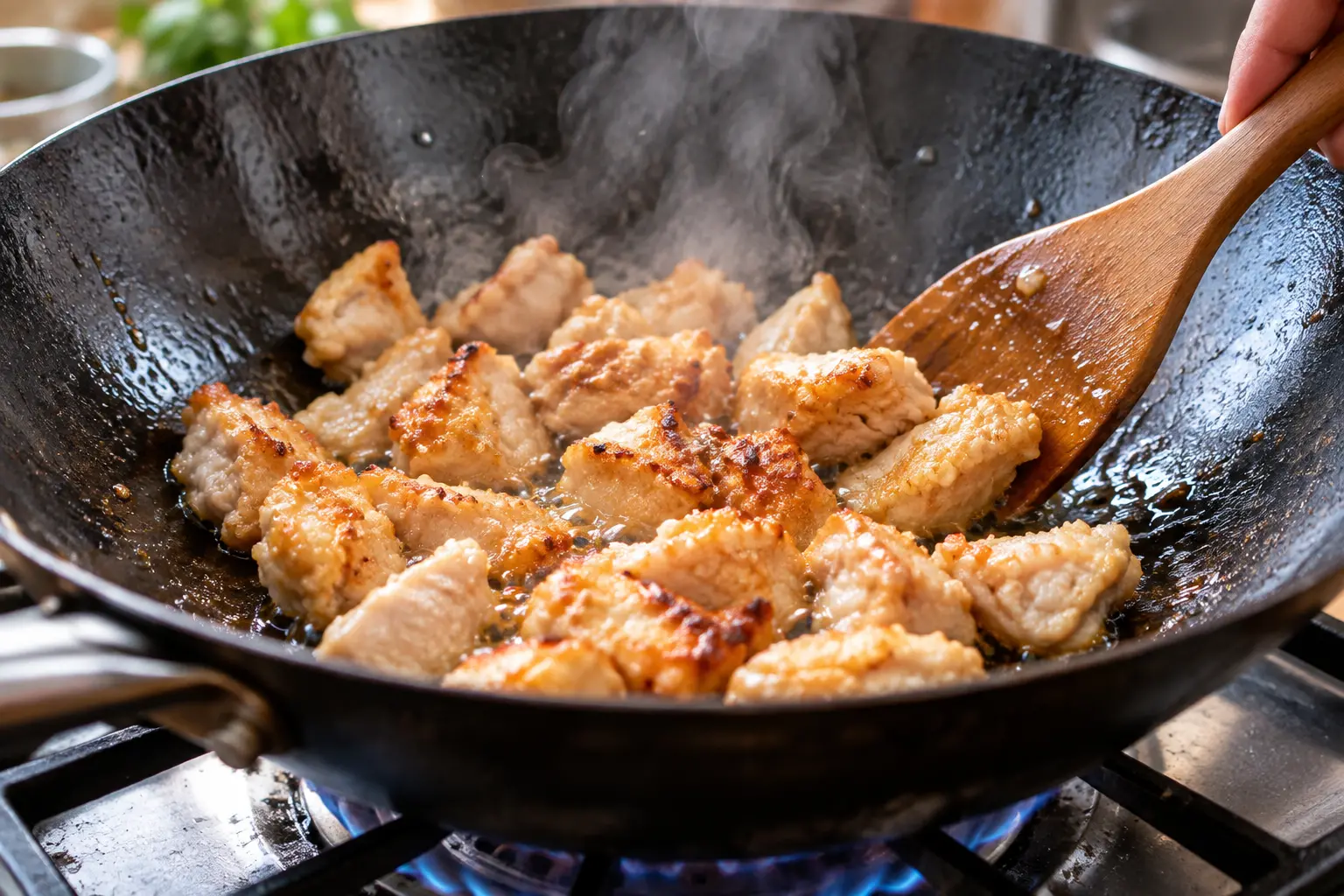 Morceaux de poulet en train de dorer dans un wok à feu vif