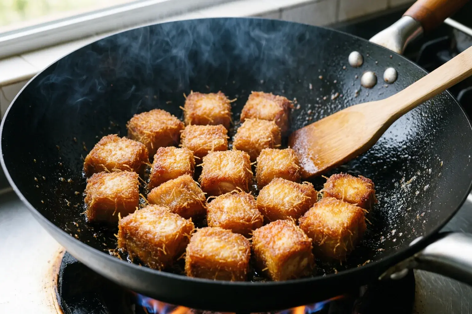Cubes de poulet enrobés de maïzena en train de dorer dans un wok à feu vif avec coloration brun-doré apparente et léger filet de vapeur
