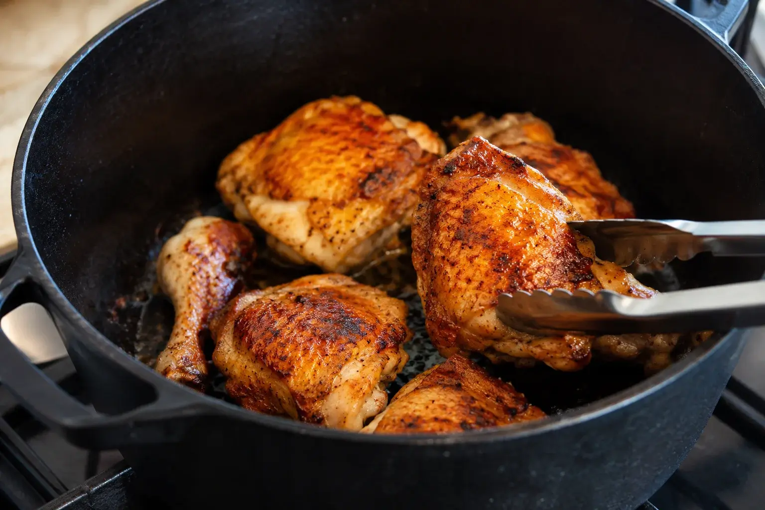 Cuisses de poulet en train de dorer dans une cocotte en fonte noire, peau croustillante et coloration brune apparente