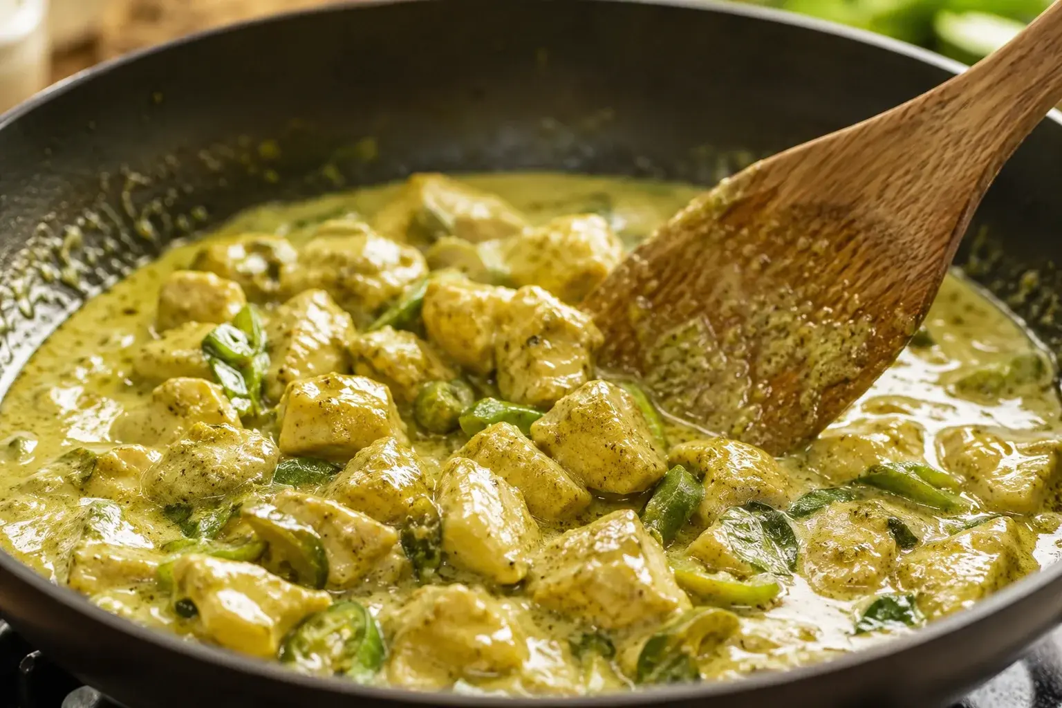 Cubes de poulet en train de blanchir dans une sauce verte au curry thaï brillante dans une poêle, spatule en bois en mouvement