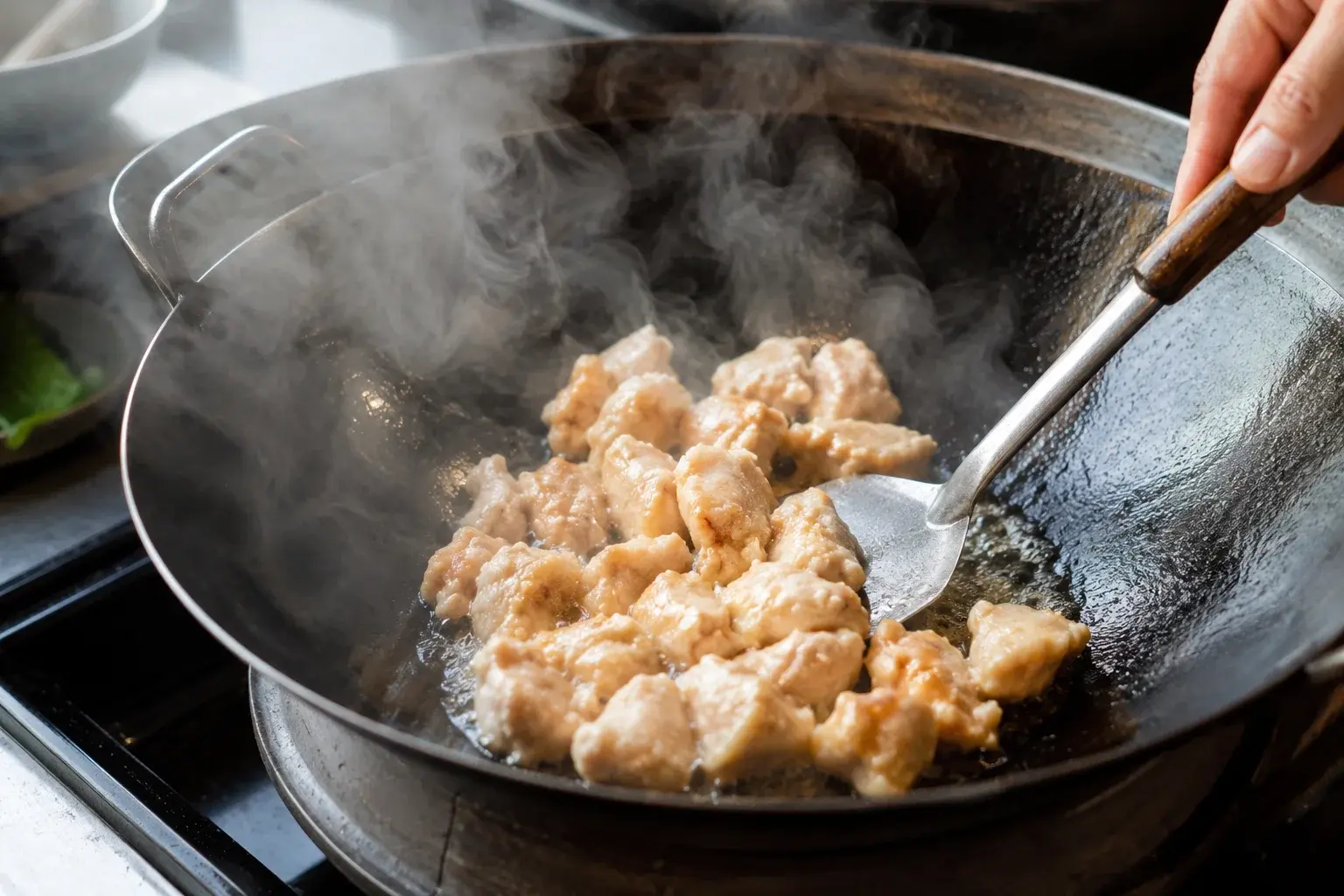 Cubes de poulet en train de dorer dans un wok fumant