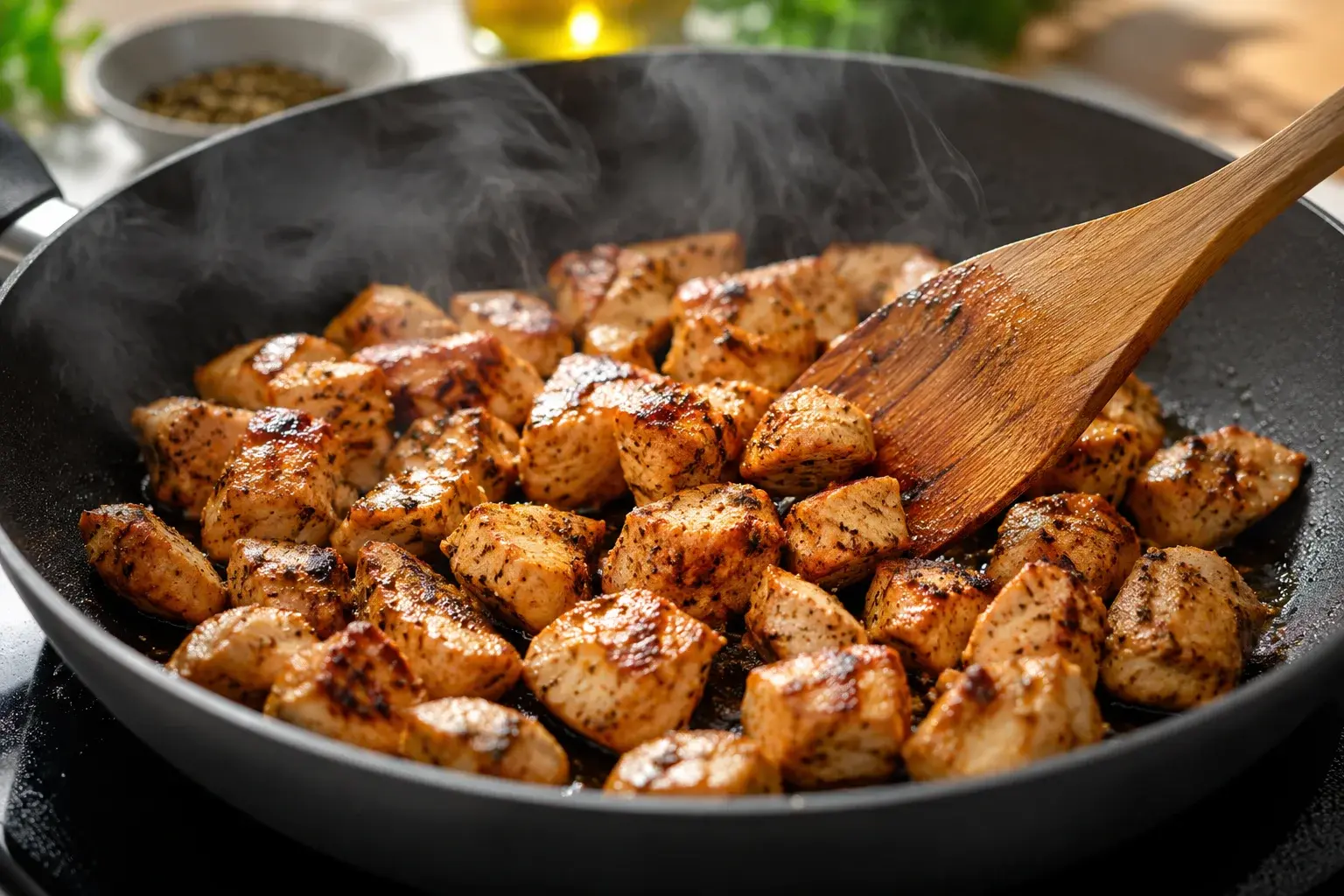 Cubes de poulet marinés en train de colorer dans une poêle chaude avec marques de saisie dorées et vapeur visible