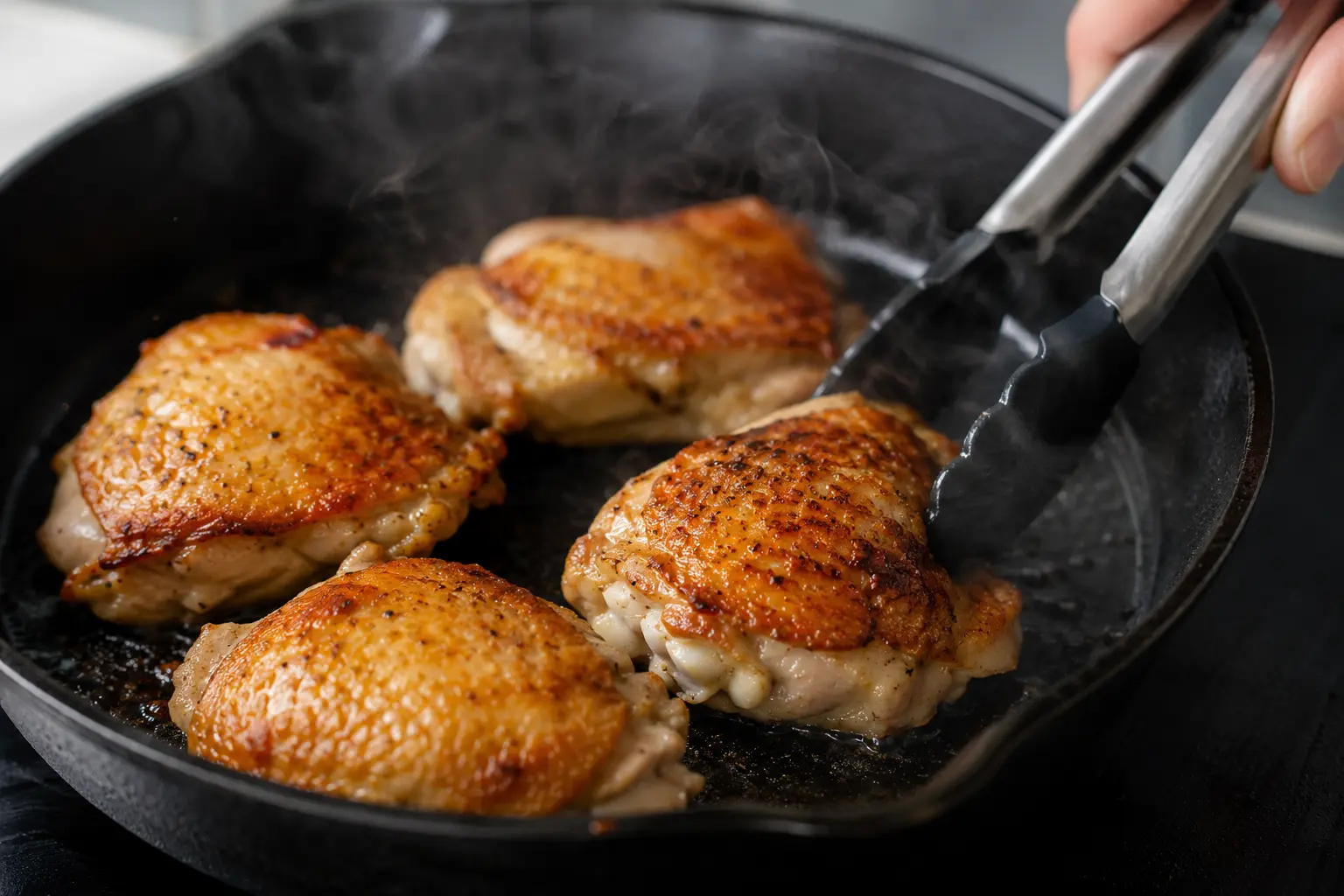 Hauts de cuisse de poulet en train de saisir dans une poêle, côté peau doré