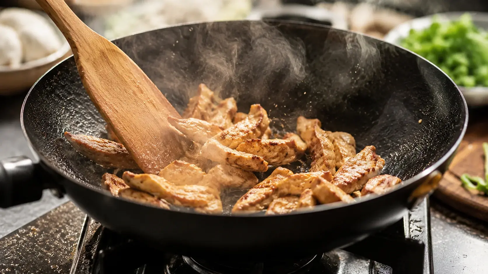 Lanières de poulet en train de saisir dans un wok noir brûlant avec spatule en bois et vapeur qui s'échappe