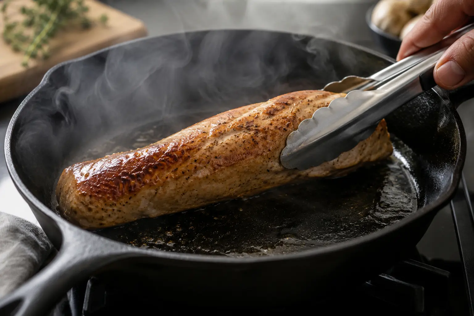 Filet mignon de porc en train d'être saisi dans une poêle chaude
