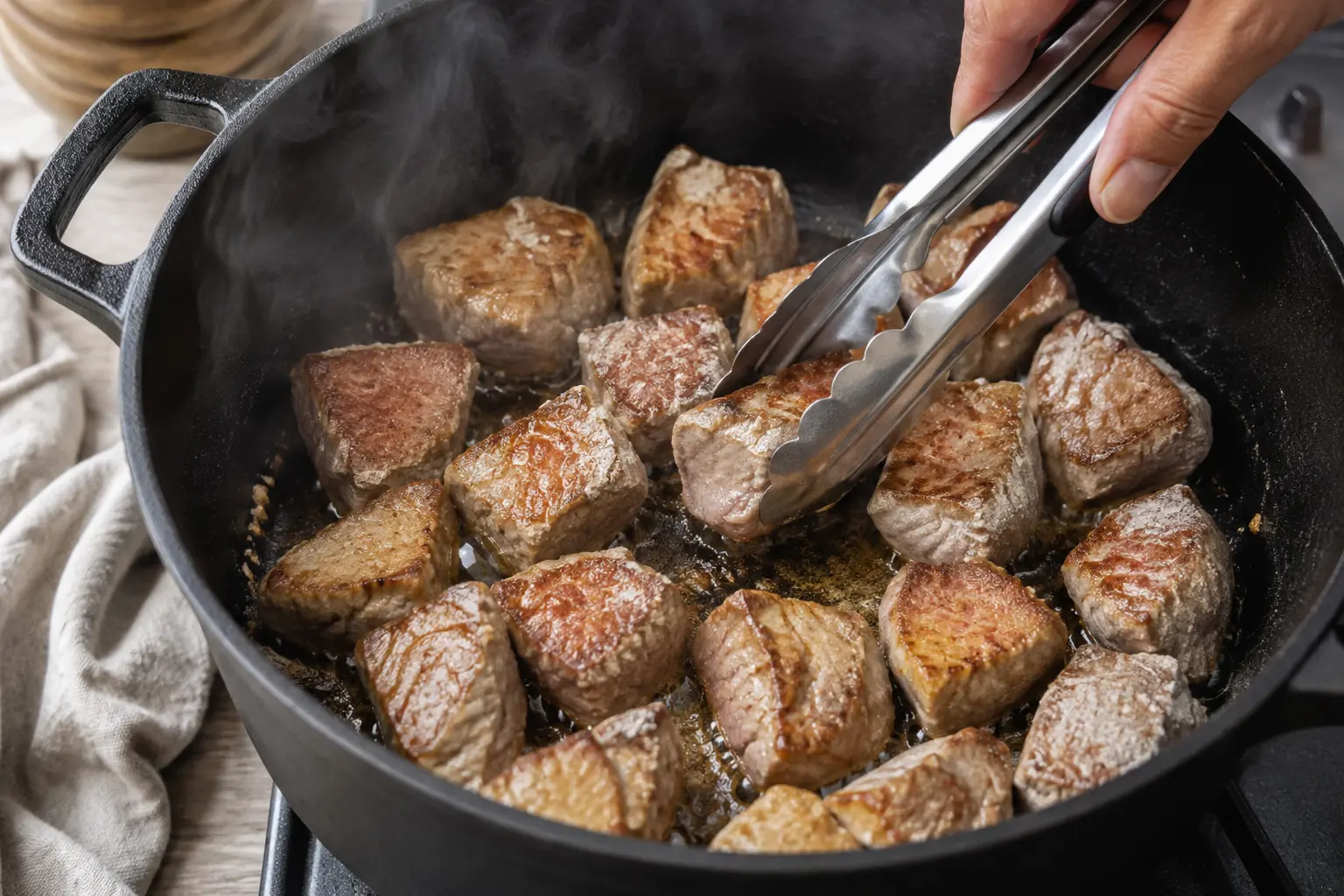 Cubes de veau en train de dorer dans une cocotte en fonte avec de l'huile d'olive