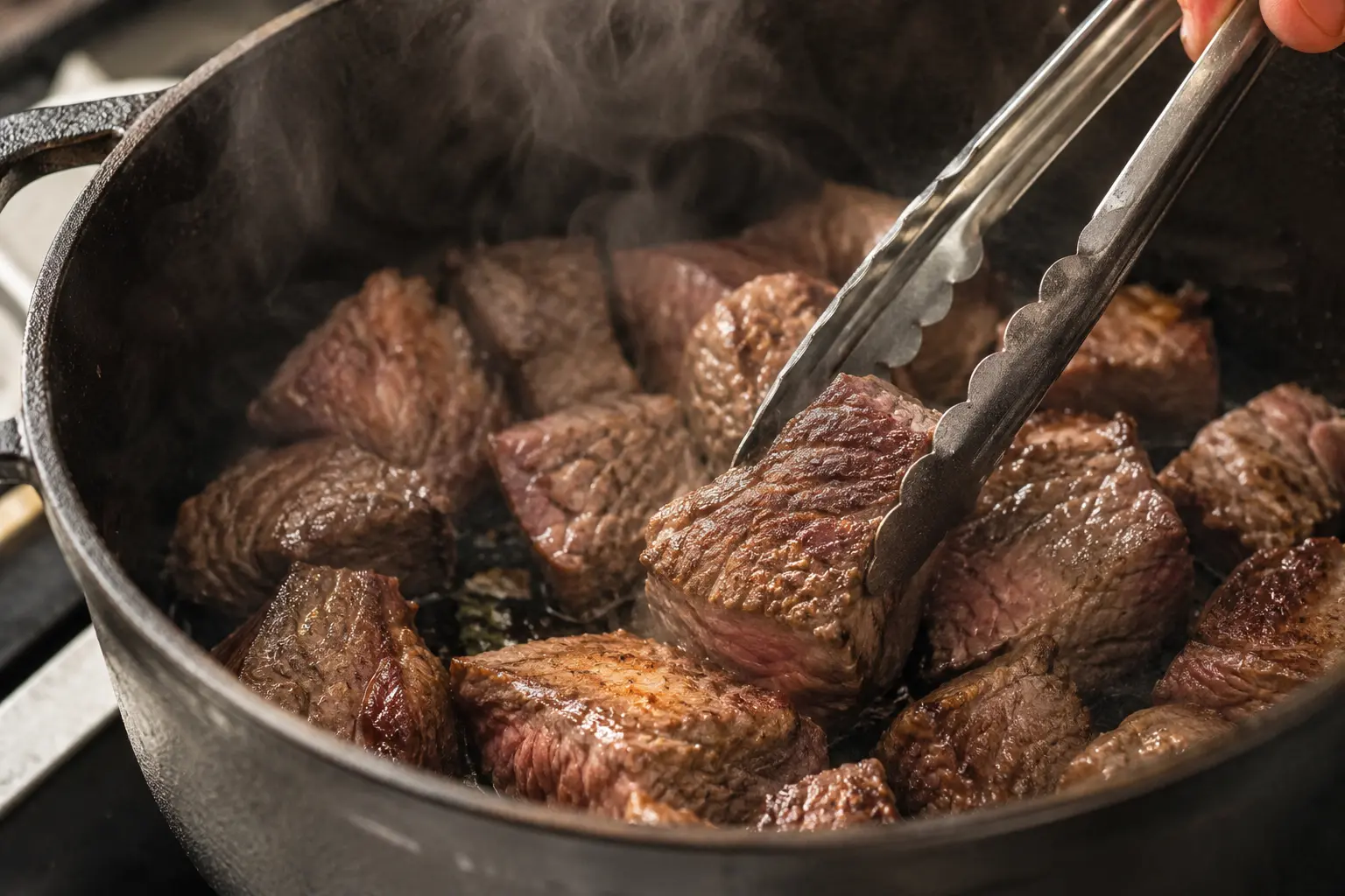 Cubes de paleron de bœuf en train de dorer dans une cocotte en fonte