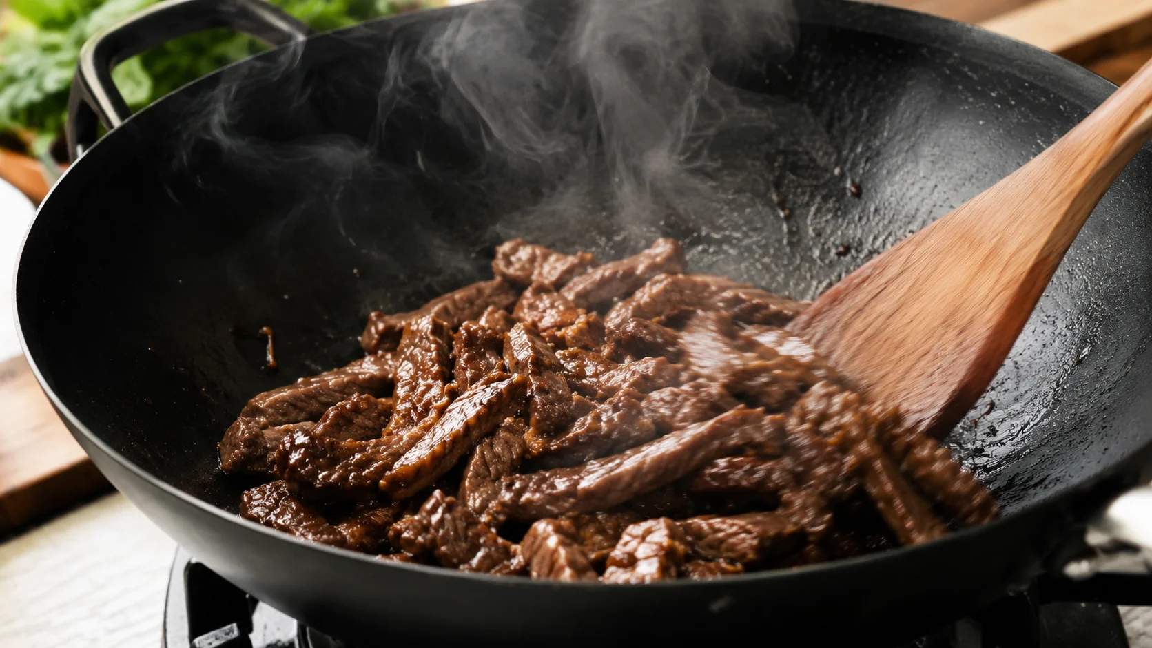 Lanières de bœuf en train de saisir dans un wok noir brûlant avec fumée légère et coloration brune apparente