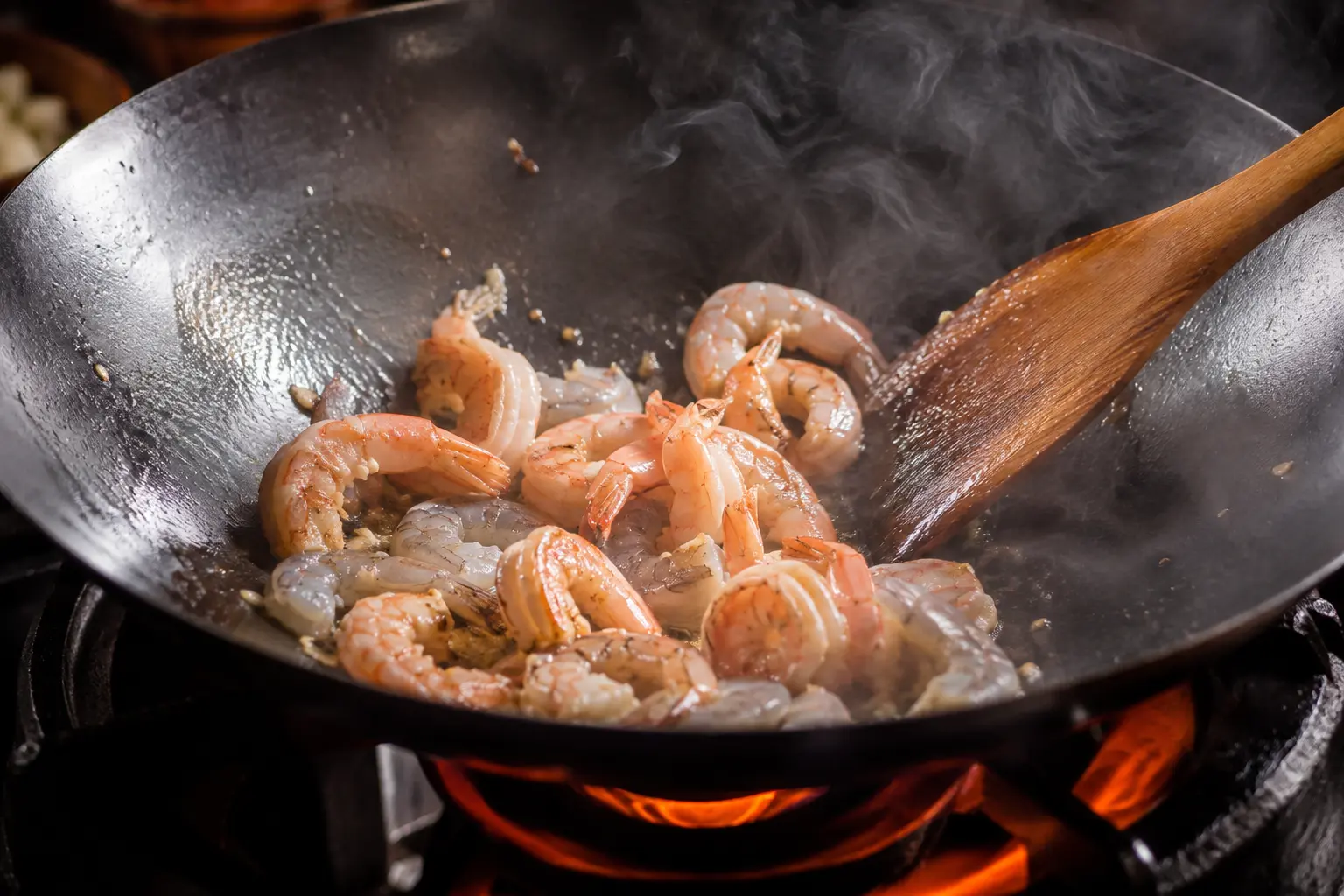 Crevettes en train de saisir dans un wok fumant sur feu vif