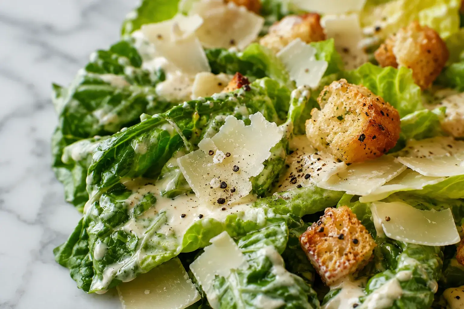 Gros plan sur des feuilles de romaine nappées de sauce César onctueuse avec copeaux de parmesan et croûtons dorés à l'ail