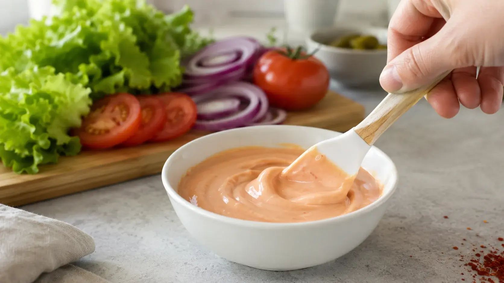 Mains mélangeant la sauce burger allégée dans un bol avec fromage blanc, ketchup et moutarde, couleur rosée de la sauce