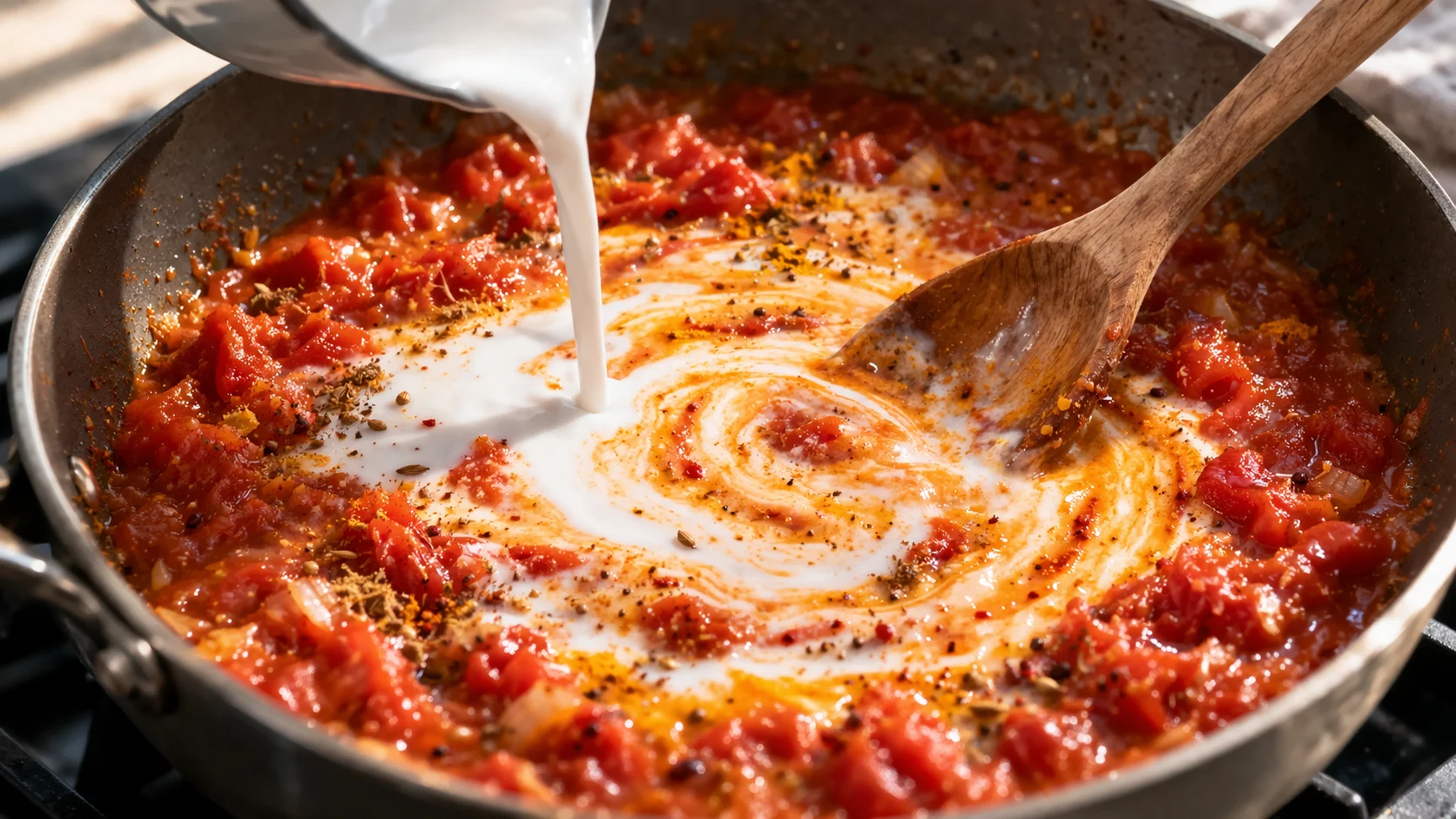 Sauce curry tomate-coco orange crémeuse en train de frémir dans la sauteuse, lait de coco blanc qui se mélange aux tomates rouges, cuillère en bois