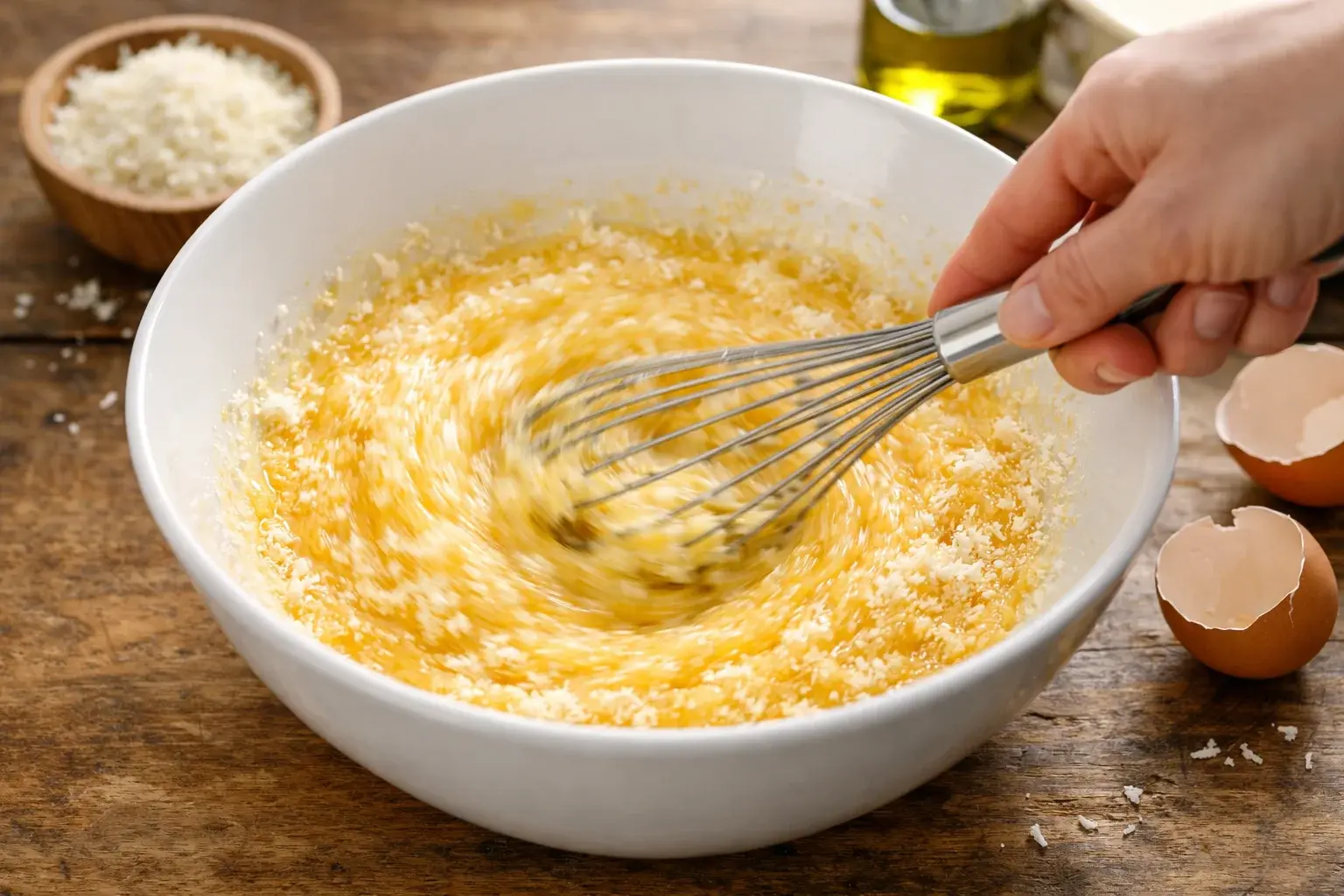 Main fouettant les œufs entiers et les jaunes avec le pecorino râpé dans un grand bol, mélange jaune et crémeux