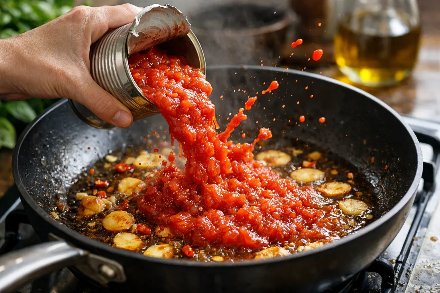 Sauce arrabiata tomate et piment en train de mijoter dans une sauteuse avec bulles de cuisson visibles