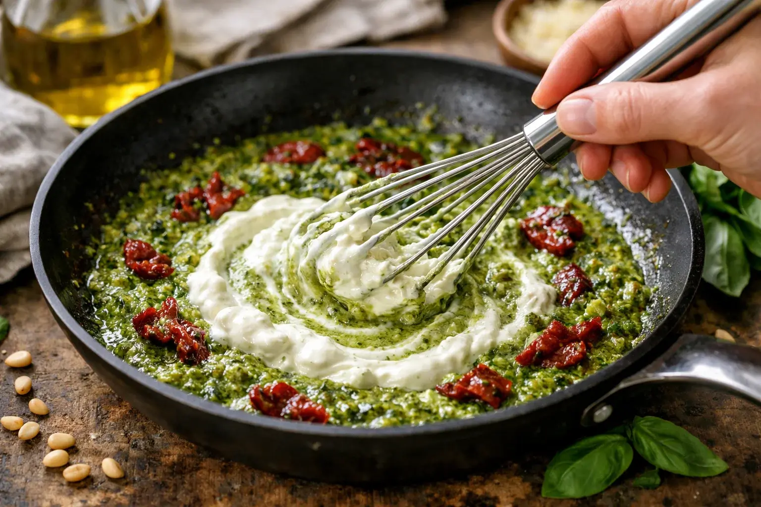 Main fouettant le pesto vert et le fromage blanc dans la poêle pour créer la sauce crémeuse verte nacrée en formation