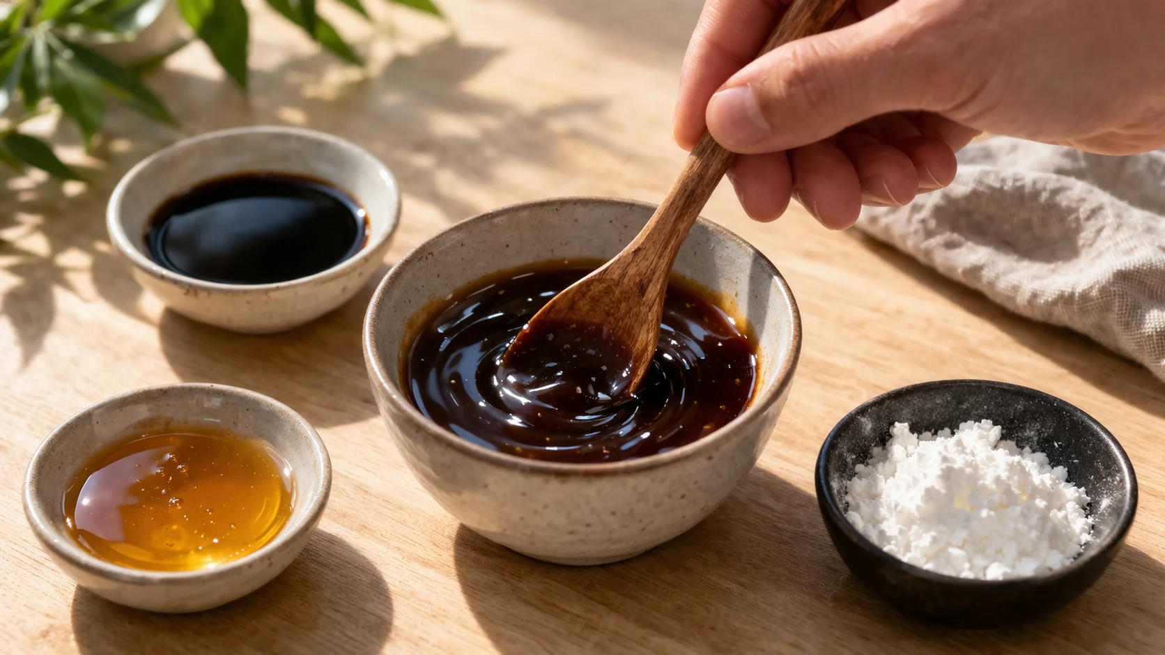 Petit bol avec la sauce teriyaki maison en cours de préparation, avec sauce soja, miel et fécule sur un plan de travail en bois clair