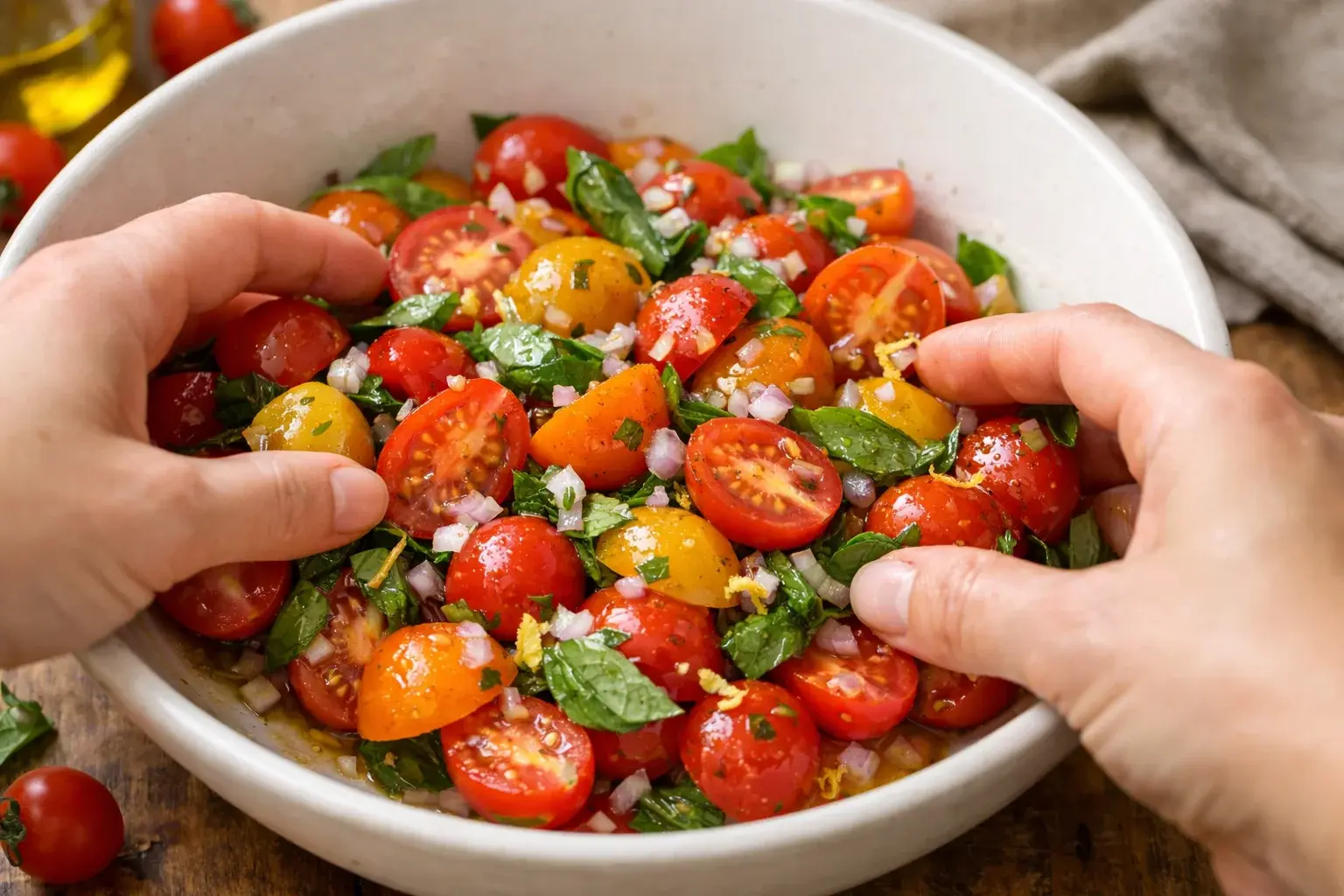 Mains mélangeant les ingrédients de la sauce vierge dans un bol, tomates cerises coupées, basilic frais et huile d'olive