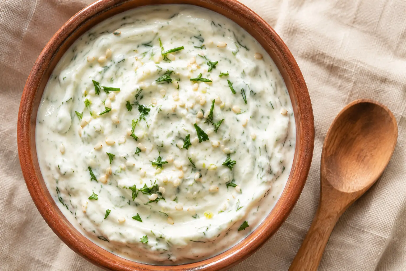 Gros plan sur la texture crémeuse de la sauce au yaourt grec parsemée de menthe ciselée