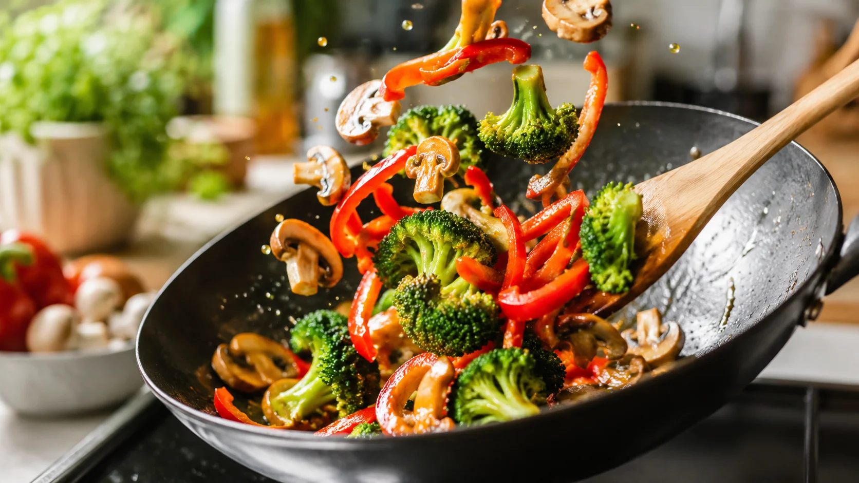 Légumes colorés en train de sauter dans un wok, bouquets de brocoli vert, poivron rouge et champignons en mouvement