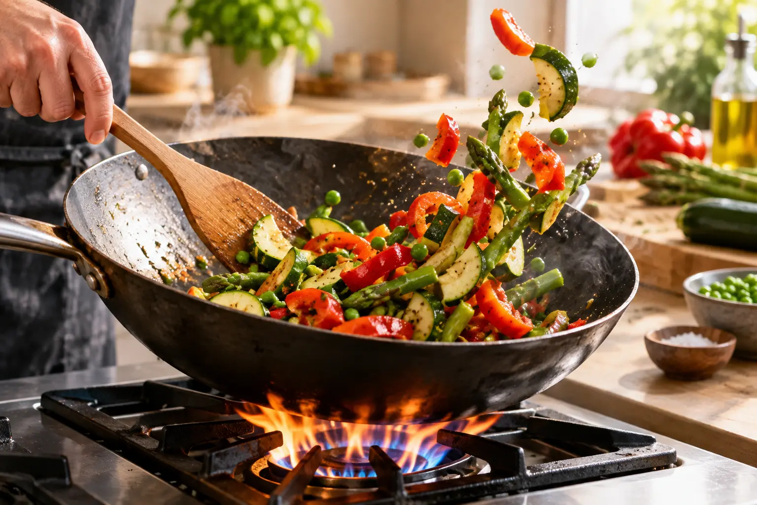 Légumes colorés en train de sauter dans une poêle avec une spatule en bois