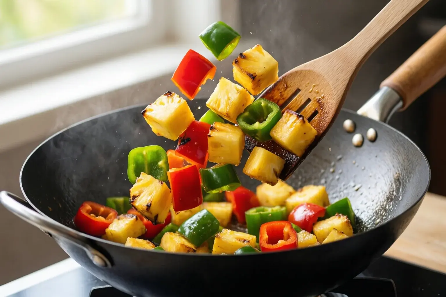 Carrés de poivrons rouges et verts et cubes d'ananas dorés en train de sauter dans un wok avec spatule en bois en mouvement