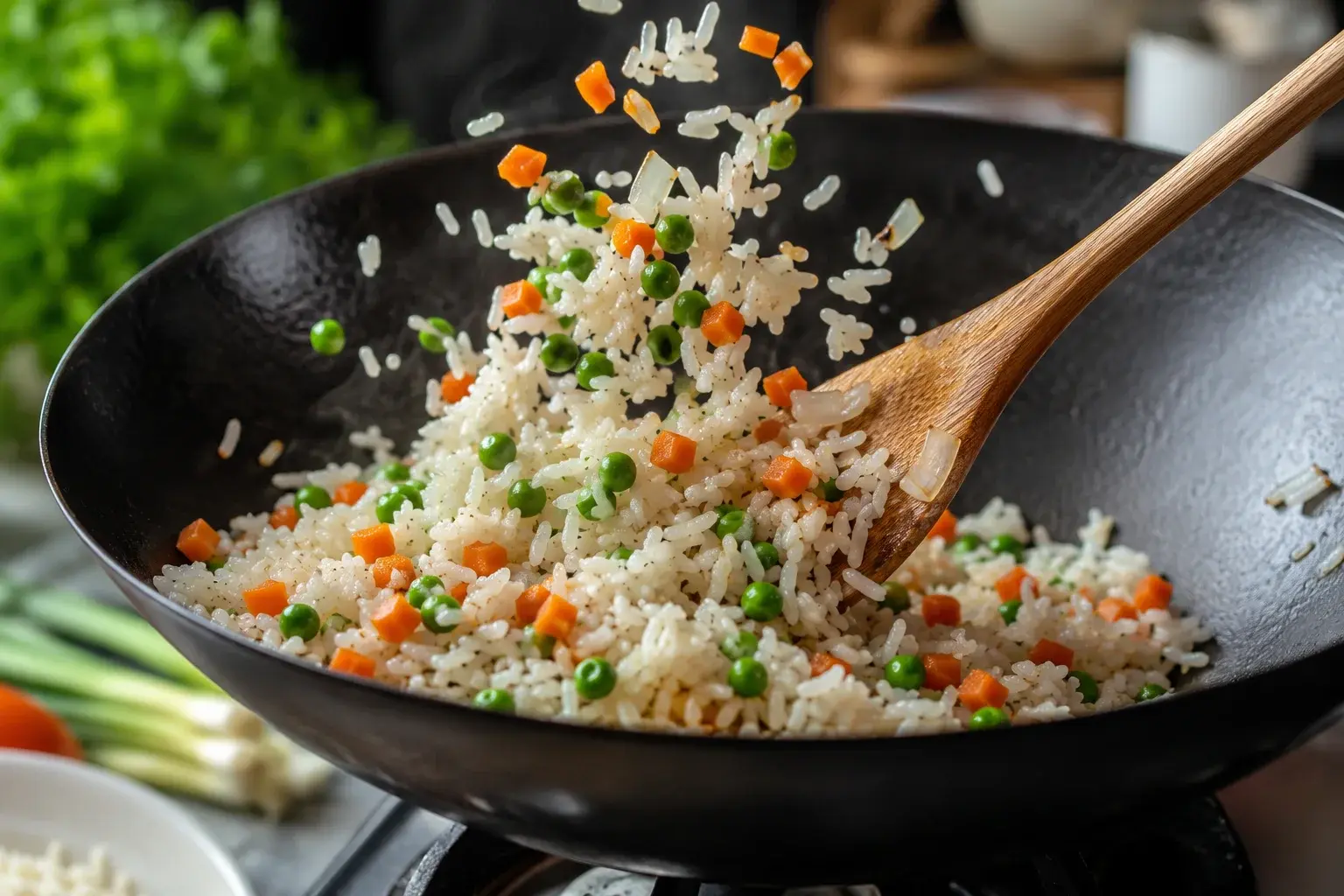 Riz blanc en train de sauter dans un wok avec petits pois verts, dés de carotte orange et oignons ciselés, spatule en bois qui mélange