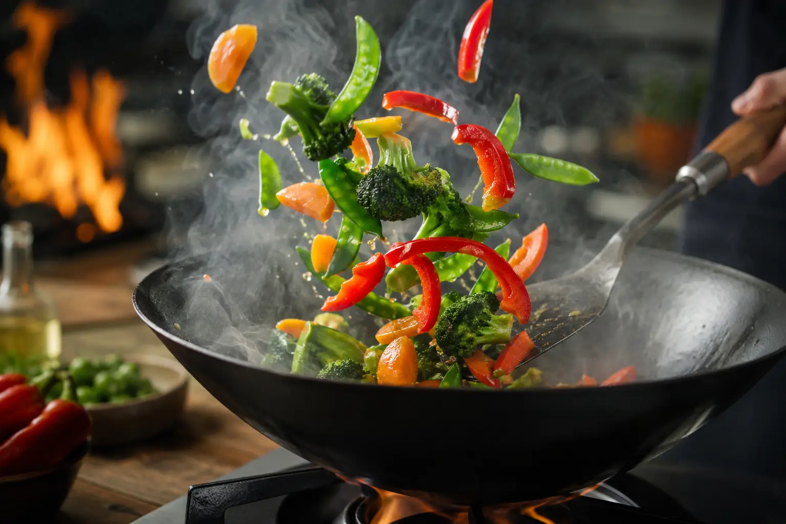 Légumes colorés en train de sauter dans un wok avec une spatule en bois