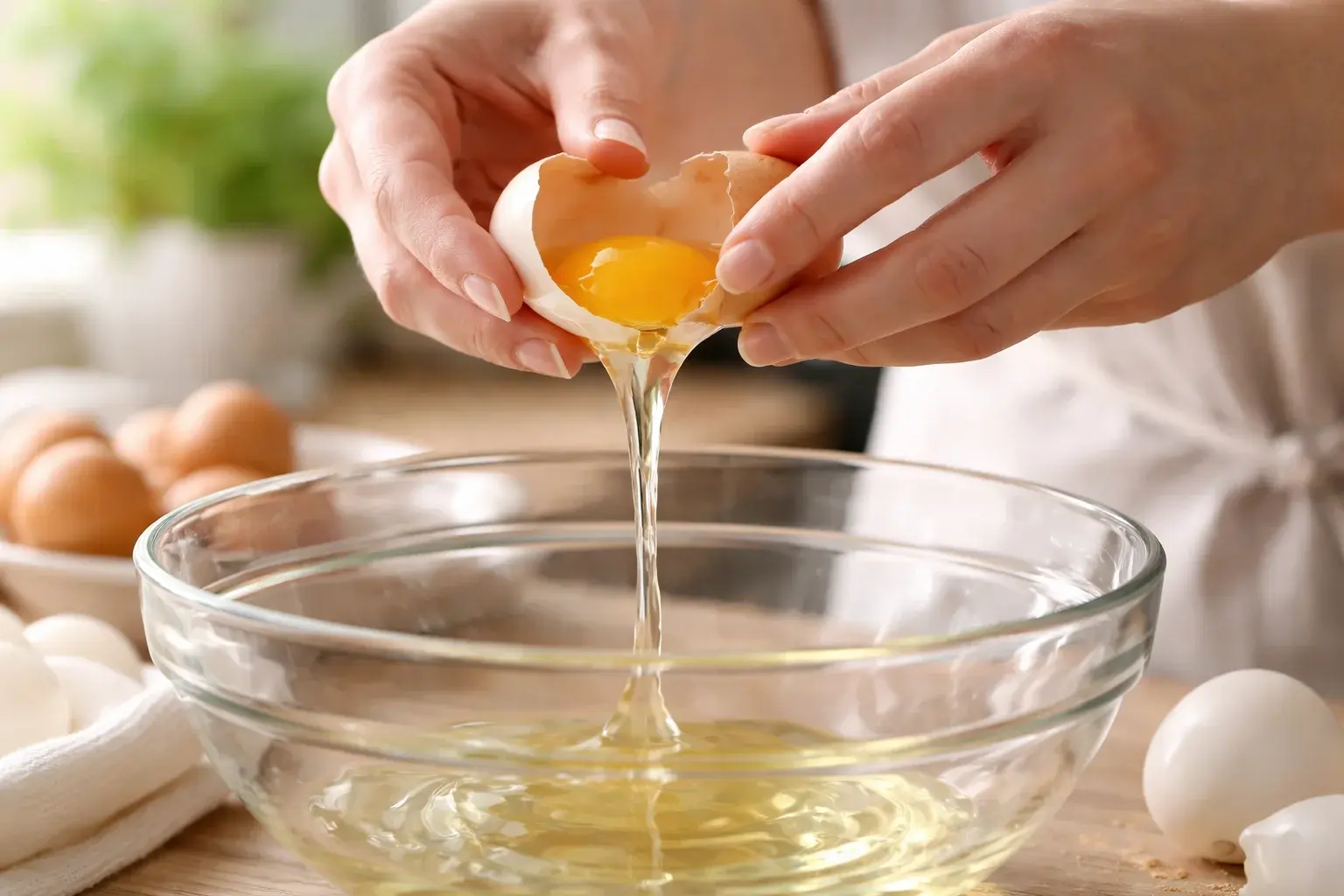 Mains séparant délicatement le blanc du jaune d'un œuf frais au-dessus d'un bol, jaune intact dans la coquille