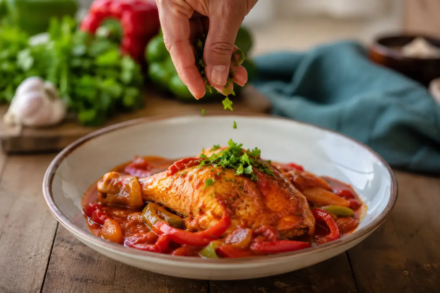 Assiette creuse avec cuisse de poulet basquaise nappée de sauce tomate aux poivrons et parsemée de persil frais ciselé