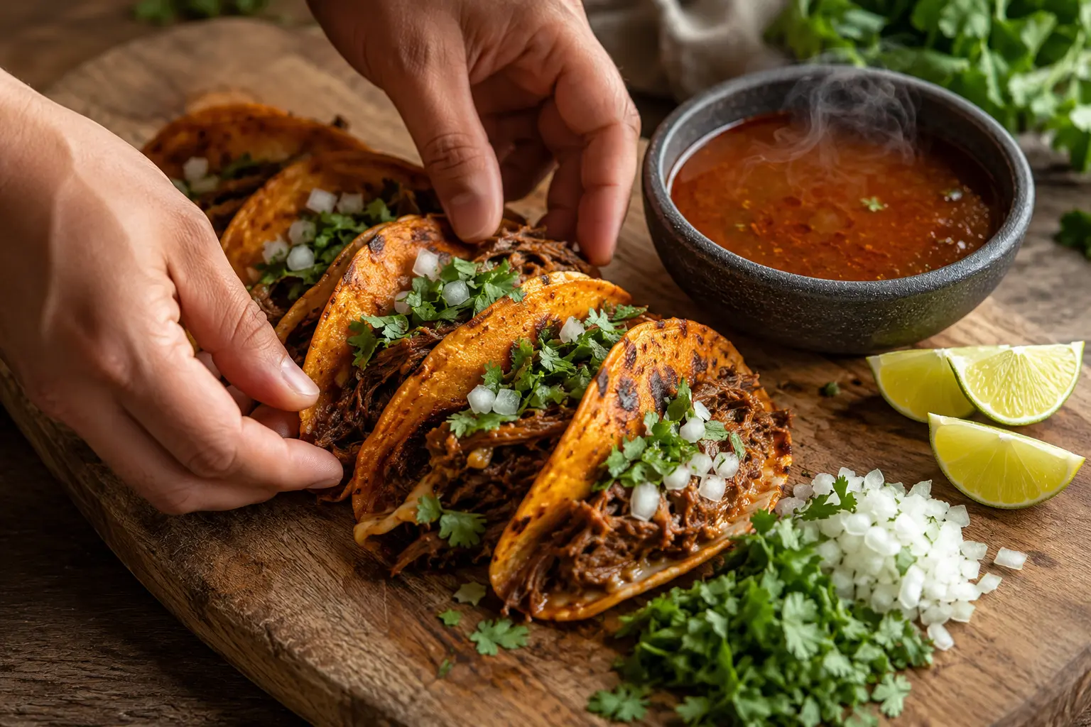Tacos de birria de bœuf dressés sur une planche avec bol de consommé, coriandre et citron vert