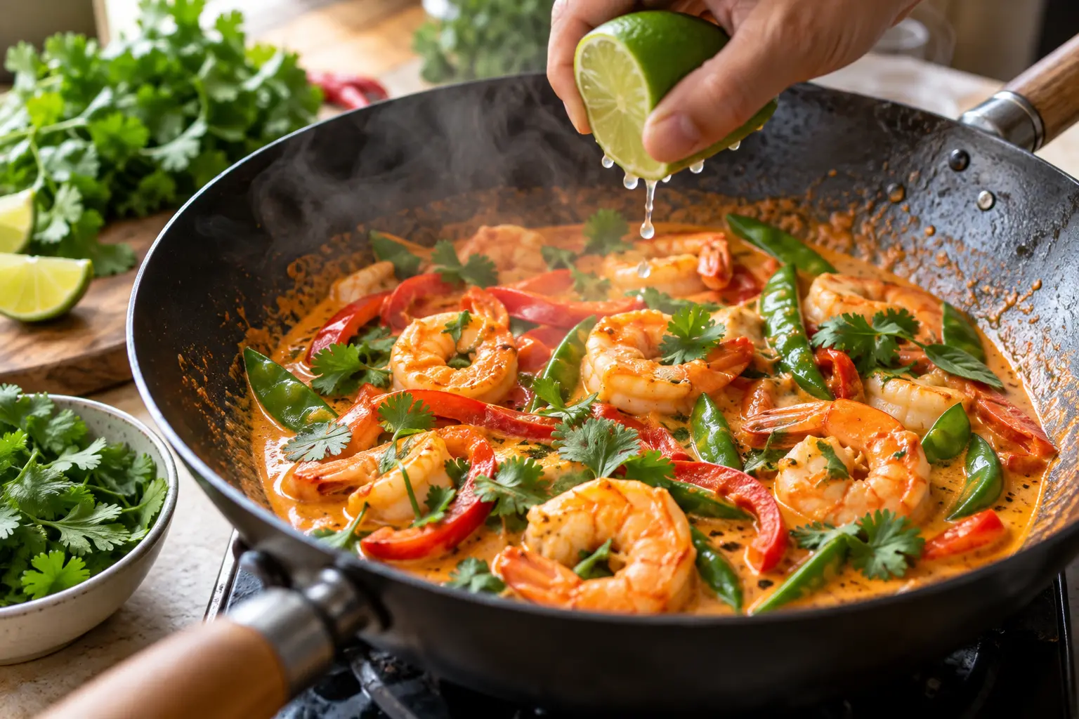 Curry de crevettes thaï servi dans un bol blanc avec coriandre fraîche, rondelles de piment et quartier de citron vert