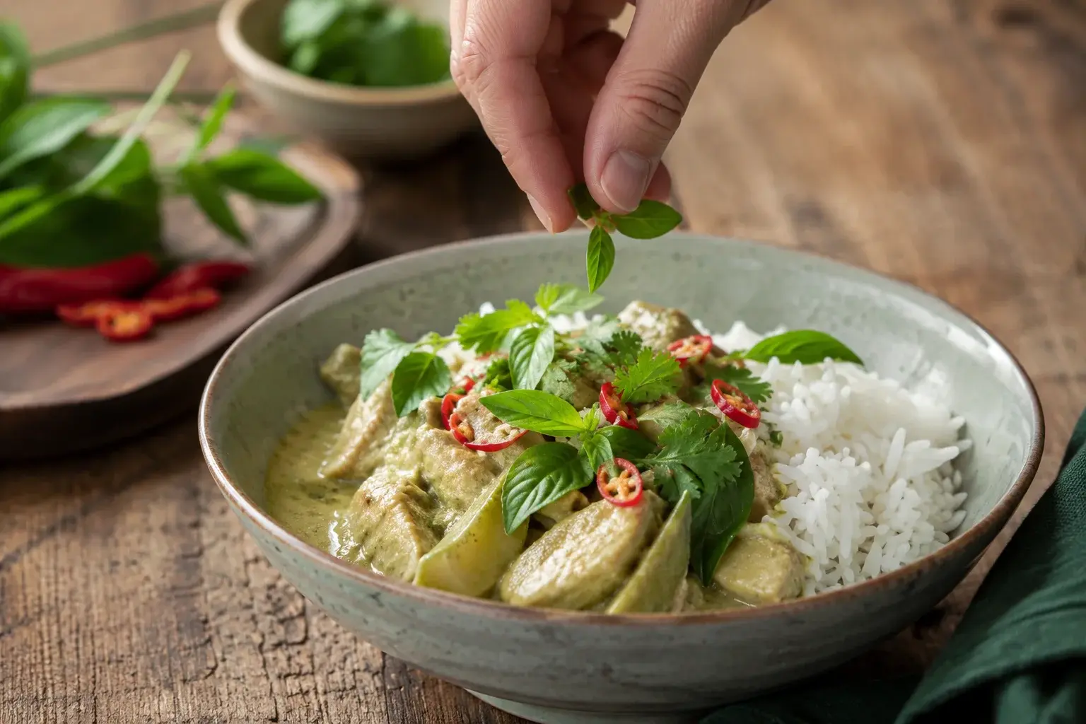 Main qui parsème des feuilles de basilic thaï frais sur un bol de curry vert servi sur du riz blanc avec coriandre et piment rouge